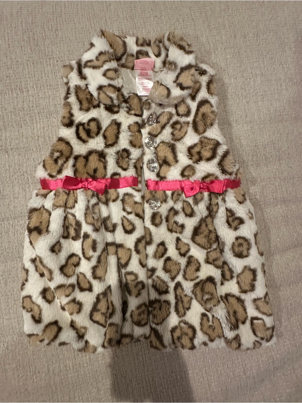 Nannette Girl Faux-Fur Leopard Print Vest with Pink Ribbon Trim, size 6
